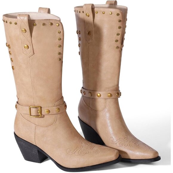 Womens Beige Faux Leather Mid Calf Square Toe Block Chunky Heel Studded Boots - Picture 5 of 6